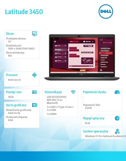 Laptop Latitude 3450 W11ProEDU i5-1345U/16/512/INT/5YB Laptop Latitude 3450 W11ProEDU i5-1345U/16/512/INT/5YB