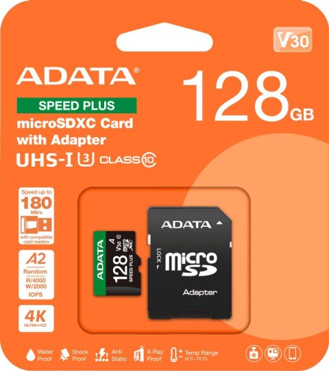 Adata Karta pamięci microSD Speed Plus 128GB UHS1 U3 V30 A2 180/160 MB/s Adata Karta pamięci microSD Speed Plus 128GB UHS1 U3 V30 A2 180/160 MB/s