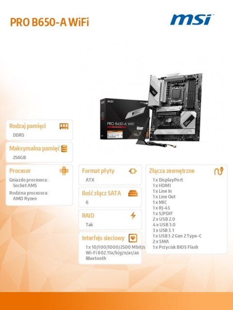 Płyta główna PRO B650-A WIFI AM5 4DD 5 HDMI/DP mATX Płyta główna PRO B650-A WIFI AM5 4DD 5 HDMI/DP mATX