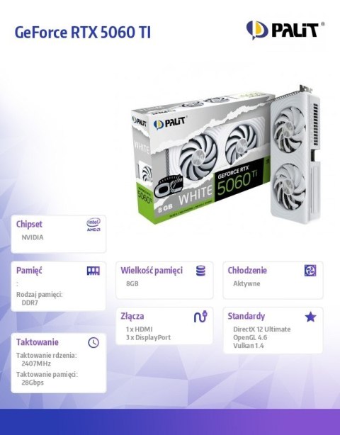 Karta graficzna GeForce RTX 5060 TI WHITE OC 8GB GDDR7 128bit 3DP/HDMI Karta graficzna GeForce RTX 5060 TI WHITE OC 8GB GDDR7 128bit 3DP/HDMI