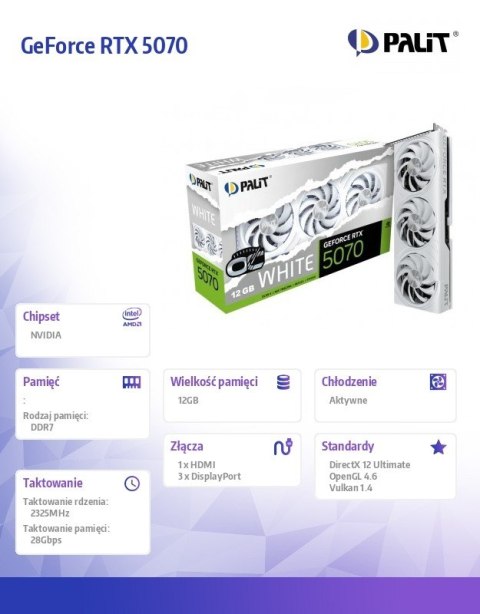 Karta graficzna GeForce RTX 5070 WHITE OC 12GB GDDR7 192bit 3DP/HDMI Karta graficzna GeForce RTX 5070 WHITE OC 12GB GDDR7 192bit 3DP/HDMI