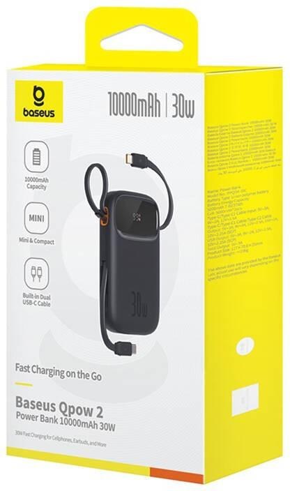 Powerbank Baseus QPow 2 10000mAh 30W z 2 wbudowanymi kablami USB-C - czarny Powerbank Baseus QPow 2 10000mAh 30W z 2 wbudowanymi kablami USB-C - czarny
