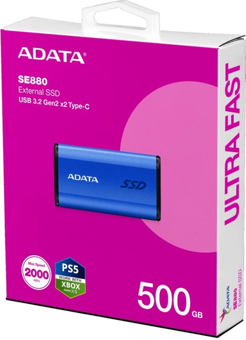 Adata Dysk zewnętrzny SSD SE880 500GB USB3.2A/C Gen2x2 Niebieski Adata Dysk zewnętrzny SSD SE880 500GB USB3.2A/C Gen2x2 Niebieski