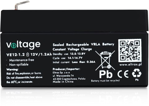 Akumulator AGM Voltage 12V 1,2Ah VE12-1.2 (Żywotność 6-9 lat) Akumulator AGM Voltage 12V 1,2Ah VE12-1.2 (Żywotność 6-9 lat)