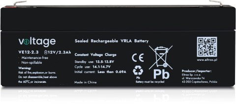 Akumulator AGM Voltage 12V 2,3Ah VE12-2.3 (Żywotność 6-9 lat) Akumulator AGM Voltage 12V 2,3Ah VE12-2.3 (Żywotność 6-9 lat)