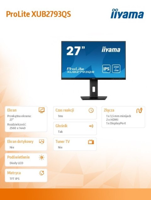 Monitor 27 cali XUB2793QS-B1 IPS,WQHD,2xHDMI,DP,2x2W,HAS,300cd/m2 Monitor 27 cali XUB2793QS-B1 IPS,WQHD,2xHDMI,DP,2x2W,HAS,300cd/m2