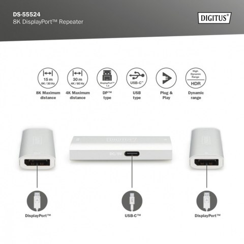Wzmacniacz sygnału/Repeater DisplayPort 8K, 1 x 2 Wzmacniacz sygnału/Repeater DisplayPort 8K, 1 x 2