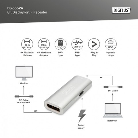 Wzmacniacz sygnału/Repeater DisplayPort 8K, 1 x 2 Wzmacniacz sygnału/Repeater DisplayPort 8K, 1 x 2