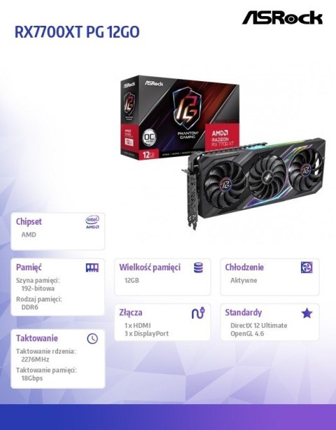 Karta graficzna Radeon RX 7700 XT PHANTOM GAMING OC 12G GDDR6 192bit Karta graficzna Radeon RX 7700 XT PHANTOM GAMING OC 12G GDDR6 192bit