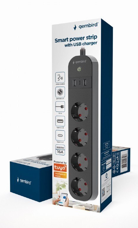 Inteligentna listwa Tuya 4xDE 2xUSB-A 1xUSB-C Czarna Inteligentna listwa Tuya 4xDE 2xUSB-A 1xUSB-C Czarna