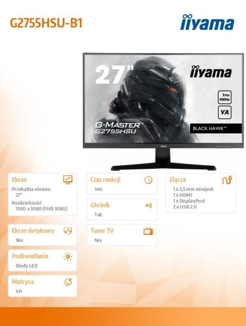 Monitor 27 cali G2755HSU-B1 VA,FHD,100Hz,1ms,HDMI,DP,2xUSB,2x2W Monitor 27 cali G2755HSU-B1 VA,FHD,100Hz,1ms,HDMI,DP,2xUSB,2x2W