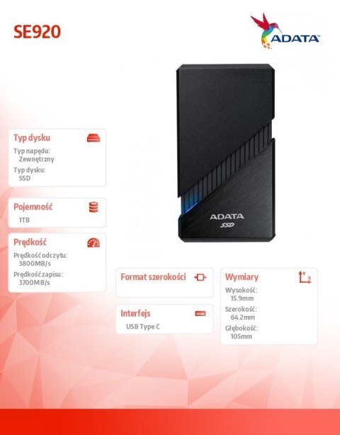 Dysk zewnętrzny SSD SE920 1TB USB4C 3800/3700 MB/s czarny Dysk zewnętrzny SSD SE920 1TB USB4C 3800/3700 MB/s czarny