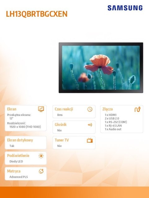 Monitor profesjonalny QB13R-T 13 cali Matowy, Dotykowy 16h/7 250(cd/m2) 1920x1080 (FHD) S6 Player Wi-Fi 3 lata OnSite (LH13QBRTM Monitor profesjonalny QB13R-T 13 cali Matowy, Dotykowy 16h/7 250(cd/m2) 1920x1080 (FHD) S6 Player Wi-Fi 3 lata OnSite (LH13QBRTM