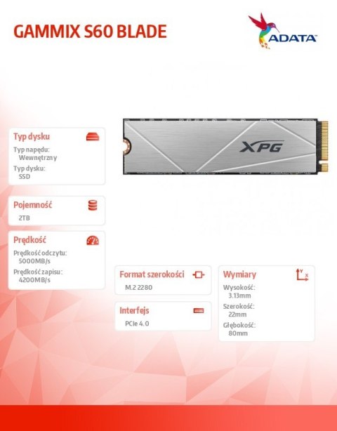 Dysk SSD XPG S60 2TB PCIe 4x4 5/4.2GB/s M2 Dysk SSD XPG S60 2TB PCIe 4x4 5/4.2GB/s M2