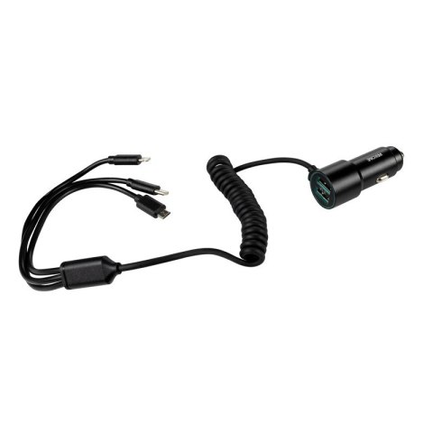 Ładowarka samochodowa z wbudowanym kablem 3w1 USB-C / Lightning / Micro USB + 2x USB-A 33W Czarna Ładowarka samochodowa z wbudowanym kablem 3w1 USB-C / Lightning / Micro USB + 2x USB-A 33W Czarna