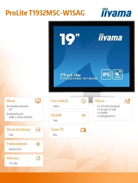 Monitor 19 cali ProLite T1932MSC-W1SA G,POJ.10PKT.IP54,HDMI Monitor 19 cali ProLite T1932MSC-W1SA G,POJ.10PKT.IP54,HDMI