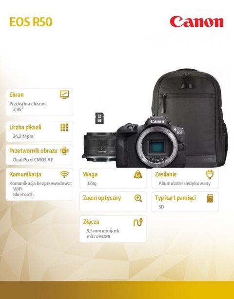 Aparat bezlusterkowy EOS R50 czarny + RFS 18-45S + BAG + karta SD 5811C098 Aparat bezlusterkowy EOS R50 czarny + RFS 18-45S + BAG + karta SD 5811C098