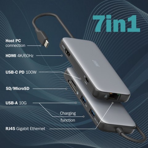 Stacja dokująca USB-C 7 portowa, max. 4K/60Hz z HDR, HDMI, USB-A 3.2 Gen2, Gigabit Ethernet, SD/Micro SD, PD 100W Stacja dokująca USB-C 7 portowa, max. 4K/60Hz z HDR, HDMI, USB-A 3.2 Gen2, Gigabit Ethernet, SD/Micro SD, PD 100W