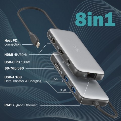 Stacja dokująca USB-C 8 portowa, max. 4K/60Hz z HDR, HDMI, max. 2 monitory MST, USB-A 3.2 Gen2, Gigabit Ethernet, SD/Micro SD, P Stacja dokująca USB-C 8 portowa, max. 4K/60Hz z HDR, HDMI, max. 2 monitory MST, USB-A 3.2 Gen2, Gigabit Ethernet, SD/Micro SD, P