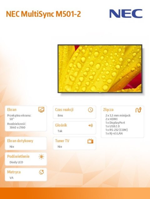 Monitor wielkoformatowy MultiSync M501-2 50 cali UHD 500cd/m2 24/7 Monitor wielkoformatowy MultiSync M501-2 50 cali UHD 500cd/m2 24/7