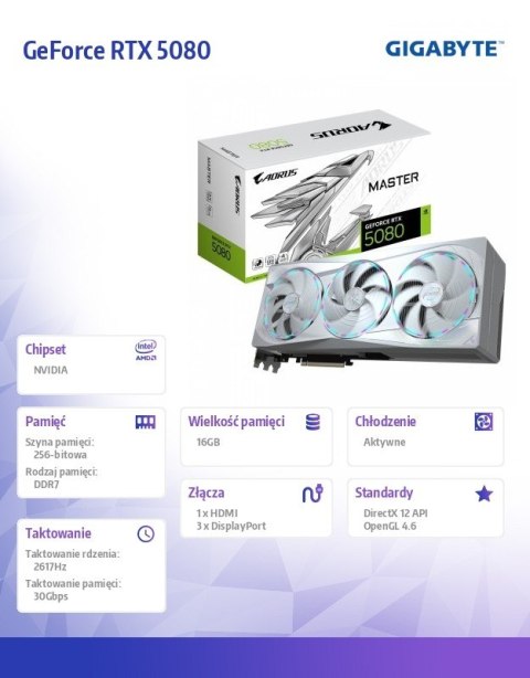 Karta graficzna GeForce RTX 5080 AORUS MASTER ICE 16G 256BIT GDDR7 3DP Karta graficzna GeForce RTX 5080 AORUS MASTER ICE 16G 256BIT GDDR7 3DP