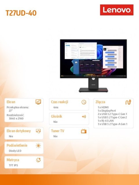 Monitor ThinkVision T27UD-40 27 cali with MC60 64AFZAT2EU Monitor ThinkVision T27UD-40 27 cali with MC60 64AFZAT2EU
