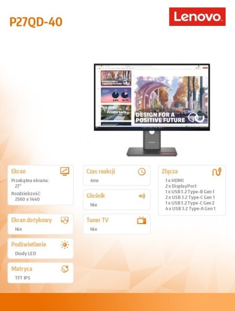 Monitor ThinkVision P27QD-40 27 cali 64B3GAT2EU Monitor ThinkVision P27QD-40 27 cali 64B3GAT2EU