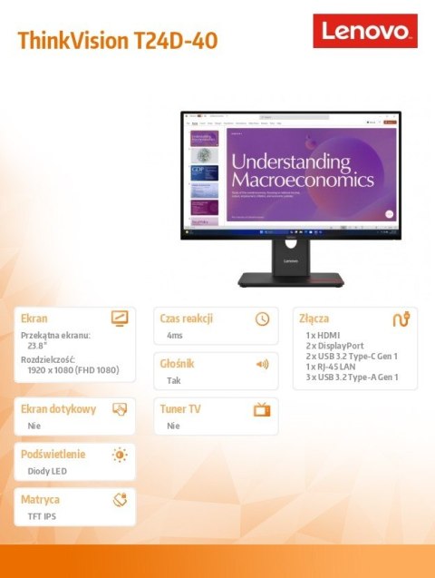 Monitor ThinkVision T24D-40 23.8 cala 64B9GAT1EU Monitor ThinkVision T24D-40 23.8 cala 64B9GAT1EU
