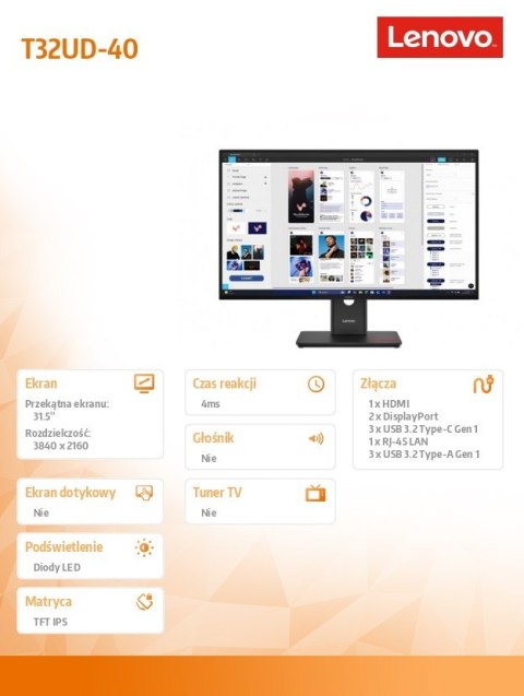 Monitor ThinkVision T32UD-40 31.5 cala 64B0GAT1EU Monitor ThinkVision T32UD-40 31.5 cala 64B0GAT1EU