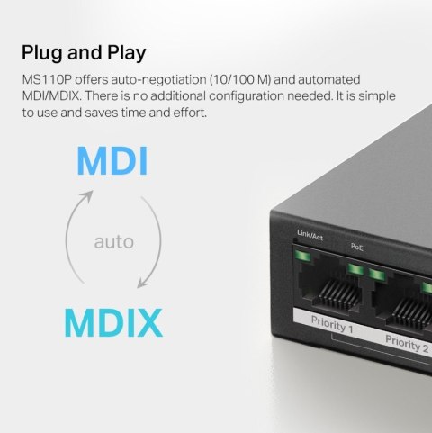 Przełącznik Mercusys 10-Port 10/100Mbps Desktop Switch with 8-Port PoE+ PORT: 8× 10/100 Mbps PoE+ Ports, 2× 10/100 Mbps Non- Przełącznik Mercusys 10-Port 10/100Mbps Desktop Switch with 8-Port PoE+ PORT: 8× 10/100 Mbps PoE+ Ports, 2× 10/100 Mbps Non-
