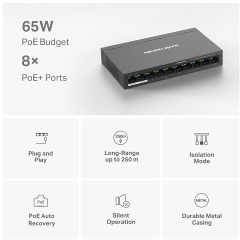 Przełącznik Mercusys 10-Port 10/100Mbps Desktop Switch with 8-Port PoE+ PORT: 8× 10/100 Mbps PoE+ Ports, 2× 10/100 Mbps Non- Przełącznik Mercusys 10-Port 10/100Mbps Desktop Switch with 8-Port PoE+ PORT: 8× 10/100 Mbps PoE+ Ports, 2× 10/100 Mbps Non-