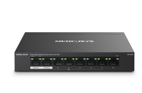 Przełącznik Mercusys 8-Port Gigabit Desktop Switch with 7× Gigabit PoE+ Ports, 1× Gigabit Non-PoE Ports Przełącznik Mercusys 8-Port Gigabit Desktop Switch with 7× Gigabit PoE+ Ports, 1× Gigabit Non-PoE Ports