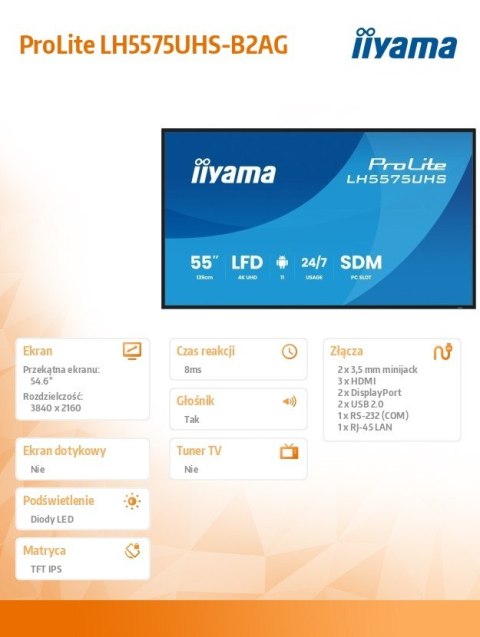 Monitor 55 cali LH5575UHS-B2AG,24/7,IPS,ANDROID.11,4K, WiFi, iiSignage2, FailOver, EShare, 24/7, full daisy chain Monitor 55 cali LH5575UHS-B2AG,24/7,IPS,ANDROID.11,4K, WiFi, iiSignage2, FailOver, EShare, 24/7, full daisy chain