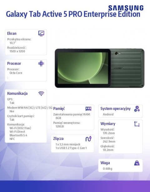 Tablet Galaxy Tab Active 5 PRO Wifi 10.1 cala 6/128GB Enterprise Edition zielony Tablet Galaxy Tab Active 5 PRO Wifi 10.1 cala 6/128GB Enterprise Edition zielony