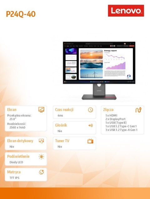 Monitor ThinkVision P24Q-40 23.8 cala 64B2GAT1EU Monitor ThinkVision P24Q-40 23.8 cala 64B2GAT1EU