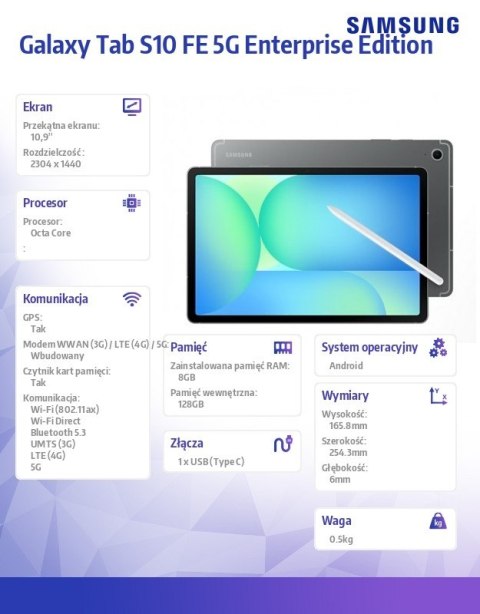 Tablet Galaxy Tab S10 FE X526 10.9 cala 5G 8/128GB Enterprise Edition szary Tablet Galaxy Tab S10 FE X526 10.9 cala 5G 8/128GB Enterprise Edition szary