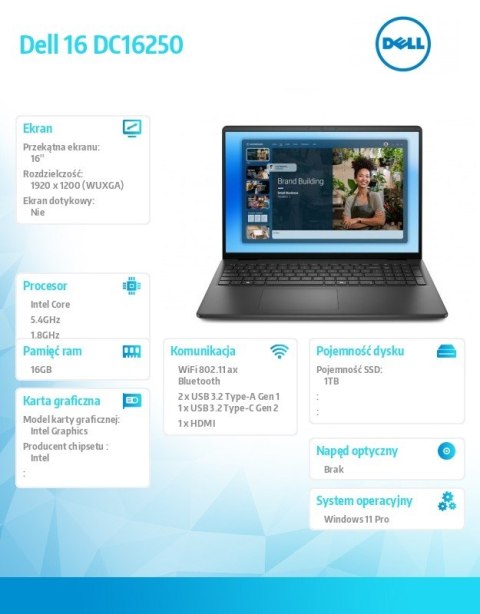 Laptop Dell 16 DC16250 W11P C7-150U/16GB/1TB/16.0 FHD+/Int/FgrPr/WLAN + BT/Backlit Kb/3 Cell/3YPS Carbon Black Laptop Dell 16 DC16250 W11P C7-150U/16GB/1TB/16.0 FHD+/Int/FgrPr/WLAN + BT/Backlit Kb/3 Cell/3YPS Carbon Black