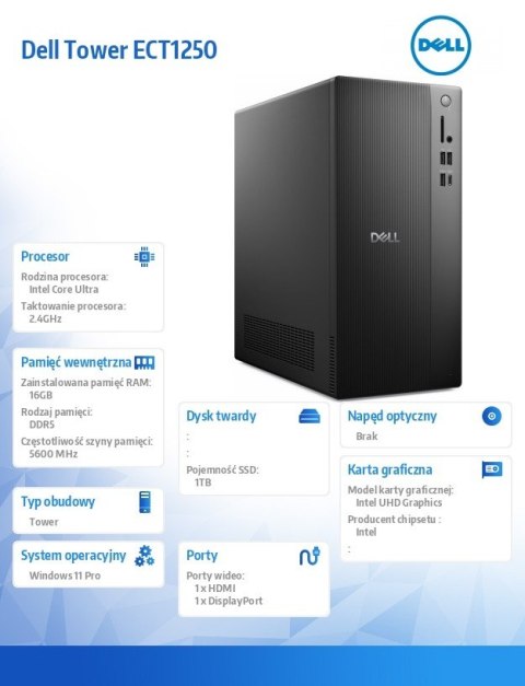 Komputer Dell Tower ECT1250 Win11Pro U7 265/16GB/1TB SSD/UHD/WLAN + BT/Wireless Kb & Mouse/3YPS Komputer Dell Tower ECT1250 Win11Pro U7 265/16GB/1TB SSD/UHD/WLAN + BT/Wireless Kb & Mouse/3YPS
