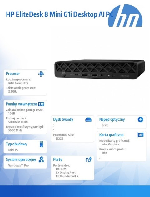 Komputer EliteDesk 8 Mini G1i U5-235T 512GB/16GB/W11P 998Z8ET Komputer EliteDesk 8 Mini G1i U5-235T 512GB/16GB/W11P 998Z8ET