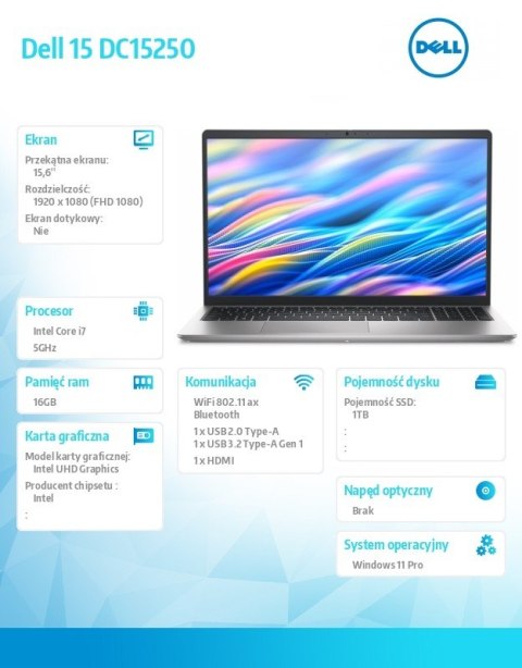 Laptop Dell 15 DC15250 W11P i7-1355U/16GB/1TB SSD/UHD/FgrPr/WLAN + BT/15.6 FHD/Backlit Kb/4 Cell/65W/3YPS Platinum Silver (Alumi Laptop Dell 15 DC15250 W11P i7-1355U/16GB/1TB SSD/UHD/FgrPr/WLAN + BT/15.6 FHD/Backlit Kb/4 Cell/65W/3YPS Platinum Silver (Alumi