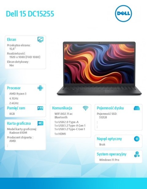Laptop Dell 15 DC15255 W11P R3-7320U/8GB/512GB SSD/AMD Radeon 610M/WLAN + BT/15.6 FHD/Backlit Kb/3 Cell/65W/3YPS Carbon Black (P Laptop Dell 15 DC15255 W11P R3-7320U/8GB/512GB SSD/AMD Radeon 610M/WLAN + BT/15.6 FHD/Backlit Kb/3 Cell/65W/3YPS Carbon Black (P