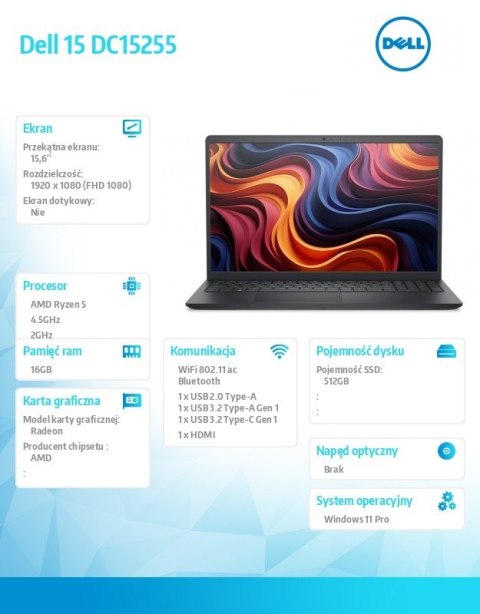 Laptop Dell 15 DC15255 W11P R5-7530U/16GB/512GB SSD/AMD Radeon/WLAN + BT/15.6 FHD/Backlit Kb/3 Cell/65W/3YPS Carbon Black (Plast Laptop Dell 15 DC15255 W11P R5-7530U/16GB/512GB SSD/AMD Radeon/WLAN + BT/15.6 FHD/Backlit Kb/3 Cell/65W/3YPS Carbon Black (Plast