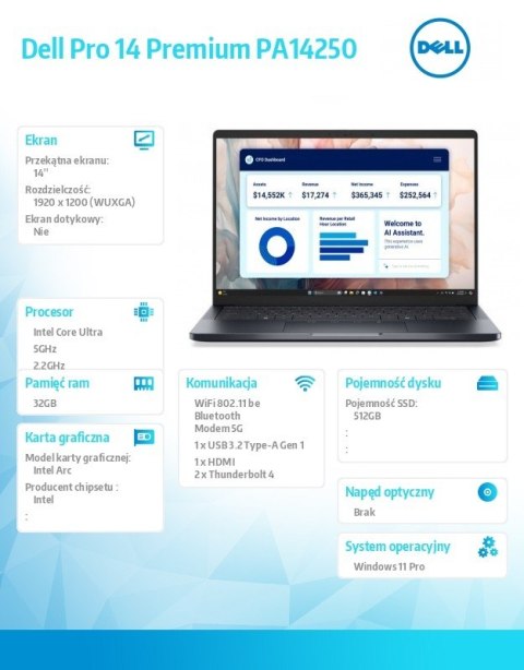 Laptop Dell Pro 14 Premium PA14250 W11P U7-268V/32GB/512GB SSD/14.0 FHD+/Arc/FgrPr/Cams&Mic/5G WWAN+BT/BcklKb/3C/vPro/3YPS Magne Laptop Dell Pro 14 Premium PA14250 W11P U7-268V/32GB/512GB SSD/14.0 FHD+/Arc/FgrPr/Cams&Mic/5G WWAN+BT/BcklKb/3C/vPro/3YPS Magne