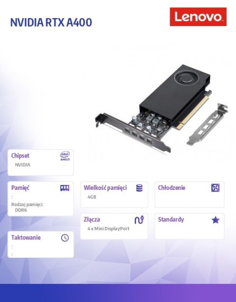 Karta graficzna Nvidia RTX A400 4GB mini-DP*4 GDDR6 Graphics 4X61Q73040 Karta graficzna Nvidia RTX A400 4GB mini-DP*4 GDDR6 Graphics 4X61Q73040