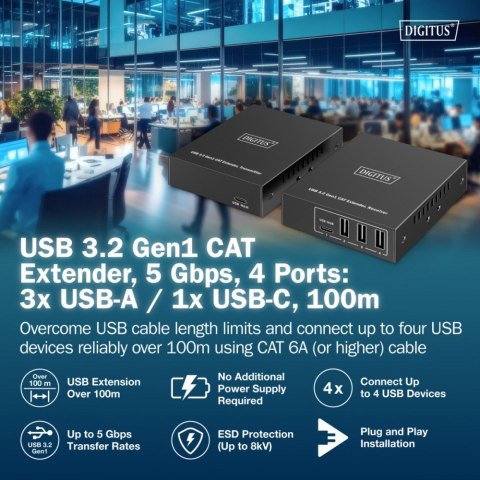 Przedłużacz (extender) po skrętce kat.6A USB 3.1 Gen1 do 100m, 3x USB-A, 1x USB-C do 5 Gbps, 1x RJ45 (Gigabit Ethernet) - zesta Przedłużacz (extender) po skrętce kat.6A USB 3.1 Gen1 do 100m, 3x USB-A, 1x USB-C do 5 Gbps, 1x RJ45 (Gigabit Ethernet) - zesta