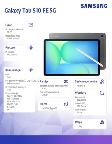 Tablet Galaxy Tab S10 FE X526 10.9 cala 5G 12/256GB szary Tablet Galaxy Tab S10 FE X526 10.9 cala 5G 12/256GB szary