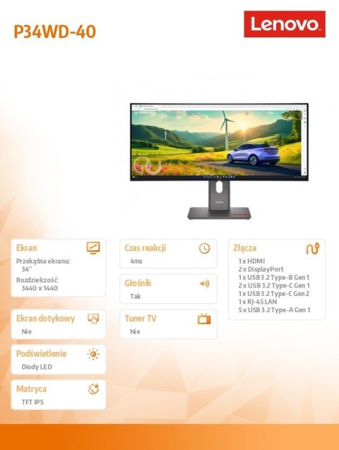 Monitor ThinkVision P34WD-40 34 cale 64ADGAT1EU Monitor ThinkVision P34WD-40 34 cale 64ADGAT1EU