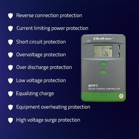Solarny regulator ładowania MPPT z czujnikiem temperatury 10A | 12V/24V | LCD | 2xUSB | Bluetooth | APP | GEL | LiFePO4 Solarny regulator ładowania MPPT z czujnikiem temperatury 10A | 12V/24V | LCD | 2xUSB | Bluetooth | APP | GEL | LiFePO4