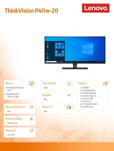 Monitor 39.7 cala ThinkVision P40w-20 Ultra-Wide Curved LCD 62C1GAT6EU Monitor 39.7 cala ThinkVision P40w-20 Ultra-Wide Curved LCD 62C1GAT6EU