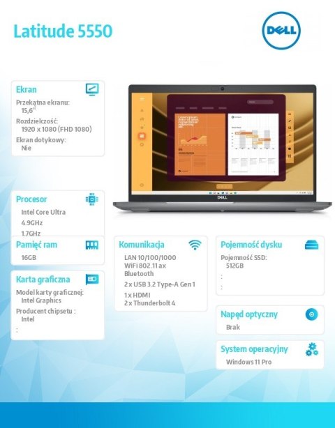 Laptop Latitude 5550 Win11Pro U7 165U/16GB/512GB/15.6 FHD/Integrated/FgrPr/FHD IR Cam/Mic/WLAN + BT/Backlit Kb/3 Cell/vPro/3YPS Laptop Latitude 5550 Win11Pro U7 165U/16GB/512GB/15.6 FHD/Integrated/FgrPr/FHD IR Cam/Mic/WLAN + BT/Backlit Kb/3 Cell/vPro/3YPS